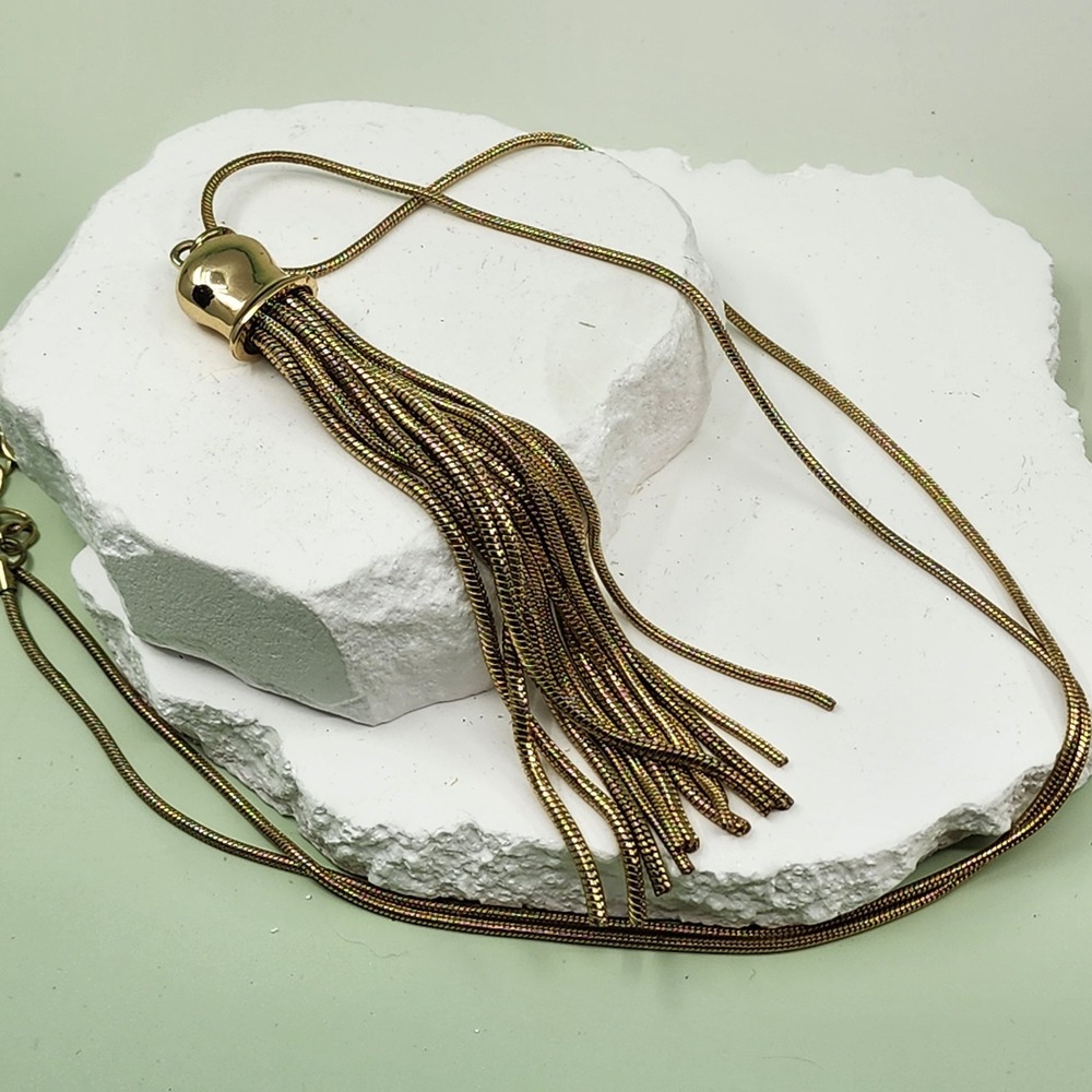 Charter Club Gold Tone Snake Chain Tassel Pendant Necklace Statement Long Layer